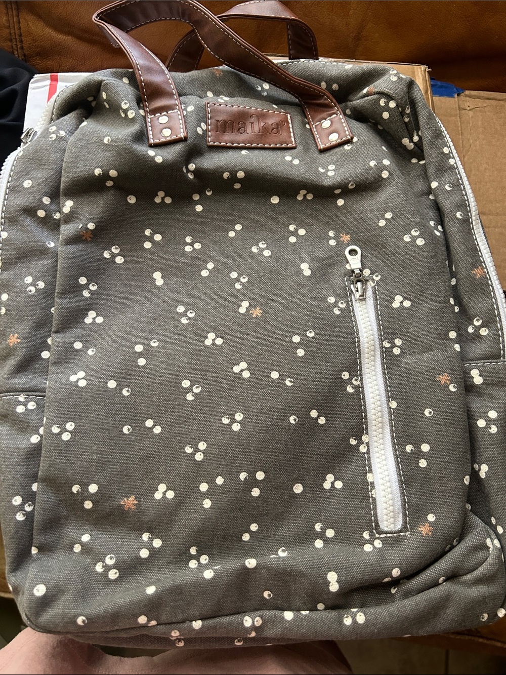 Maika Olive Canvas Backpack with White Dot Print and Brown Leather Accents